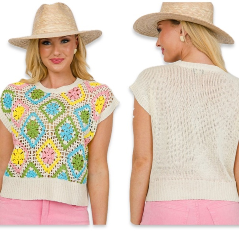 NWT Crochet Knit Short Sleeve Crop Sweater Top Cream Pastel Size Small Boho